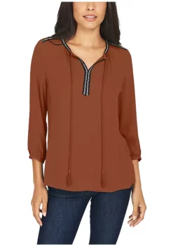 DR2 by Daniel Rainn 3/4 Sleeve Top with Split Neck and Tassels -DR2 by Daniel Rainn Shop Belk 1129