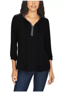 DR2 by Daniel Rainn 3/4 Sleeve Top with Split Neck and Tassels -DR2 by Daniel Rainn Shop Belk 1130