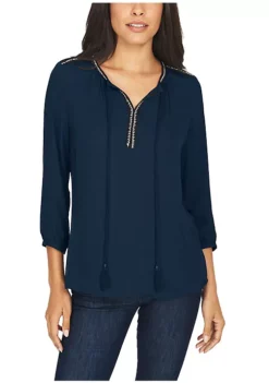 DR2 by Daniel Rainn 3/4 Sleeve Top with Split Neck and Tassels -DR2 by Daniel Rainn Shop Belk 1131