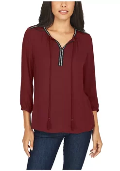 DR2 by Daniel Rainn 3/4 Sleeve Top with Split Neck and Tassels -DR2 by Daniel Rainn Shop Belk 1132