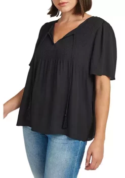 DR2 by Daniel Rainn Bell Sleeve Top with Split Neck and Tassels