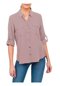 DR2 by Daniel Rainn Button-Down Top with 3/4 Roll-Tab Sleeves