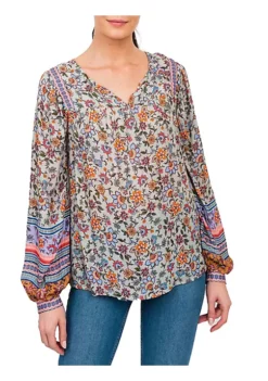 DR2 by Daniel Rainn V-Neck Long Sleeve Multicolored Top