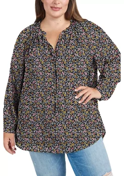 DR2 by Daniel Rainn Sheer Long Sleeve Tunic Top with Ruffle Collar (Plus Size)